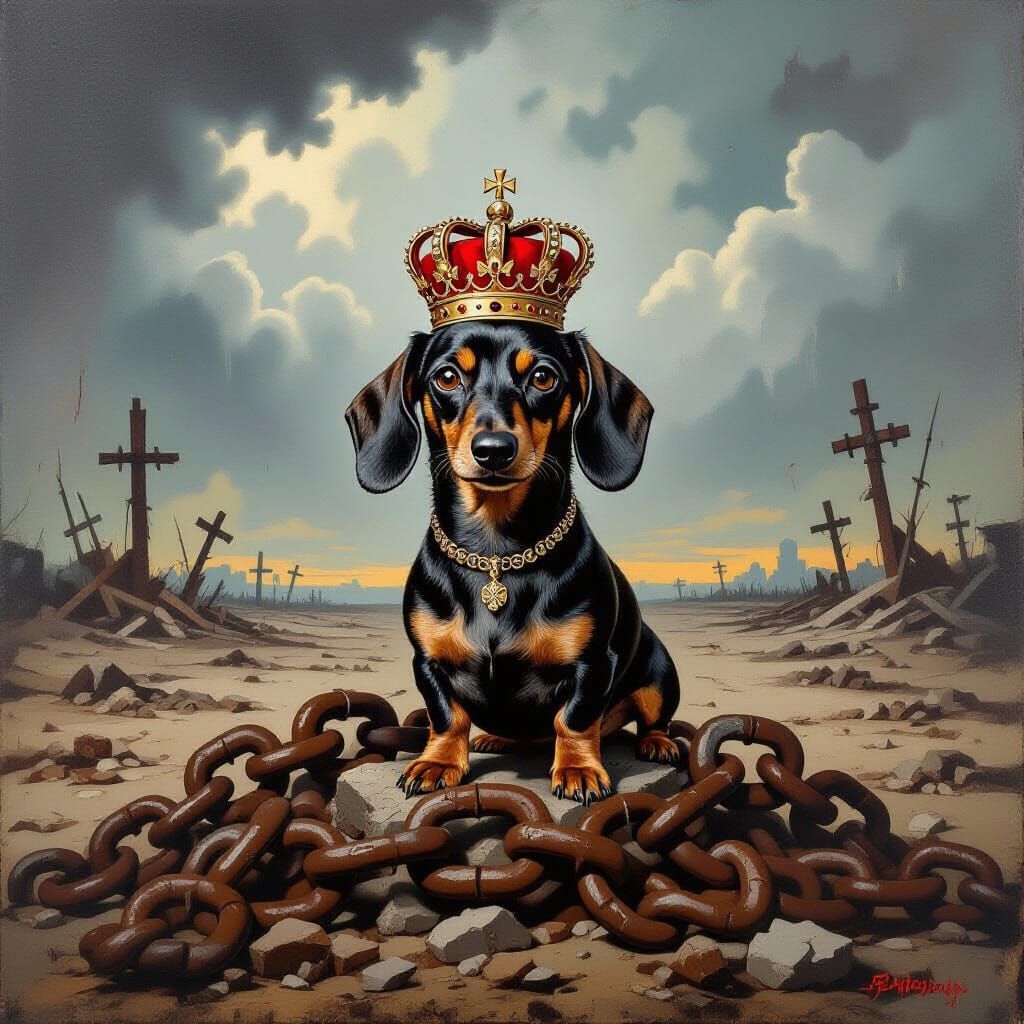 Dachshund Crowned in Barren Wasteland as Symbol of Rebellion