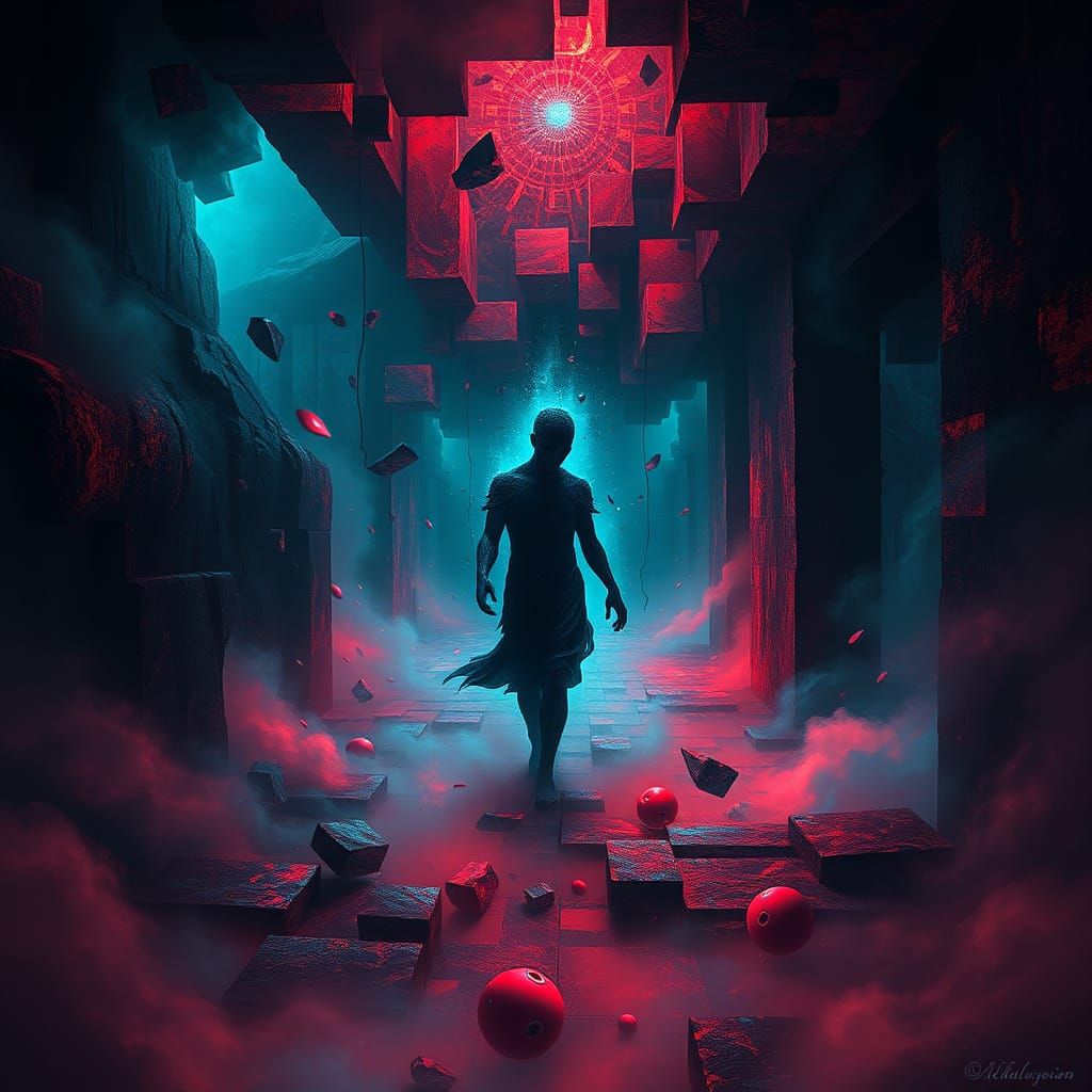 Surreal Figure Lost in Eerie Labyrinthine Puzzle