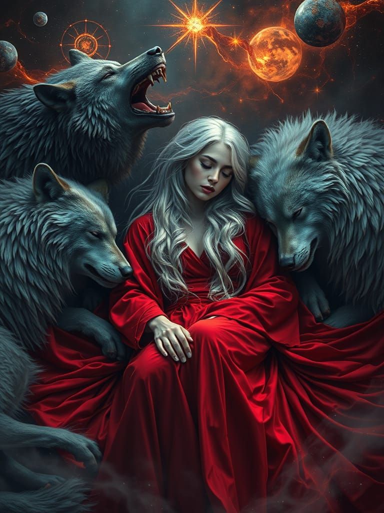 Woman in Red Robe Asleep Among Spectral Wolves