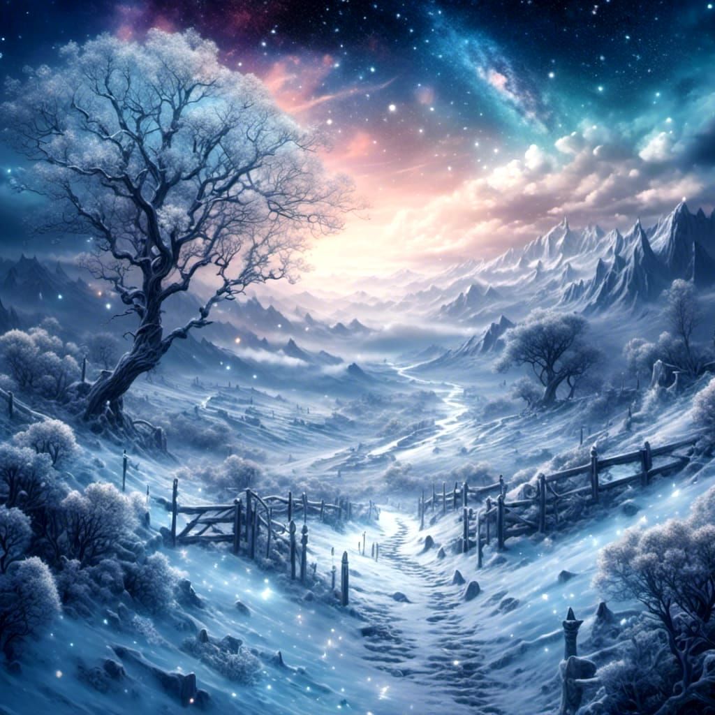 Romantic Winter Fantasy Scenery with Galaxy Sky