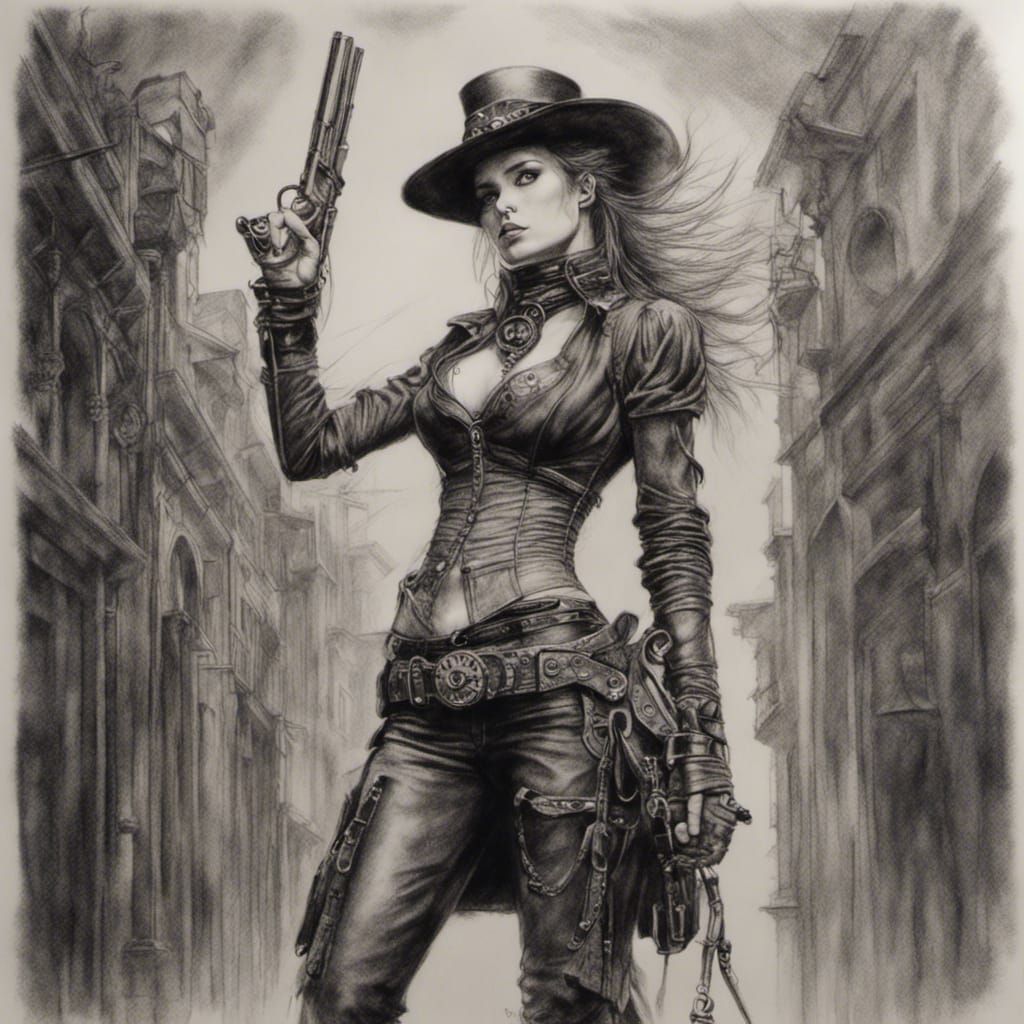 Steampunk Female Gunslinger in Charcoal Drawing Style
