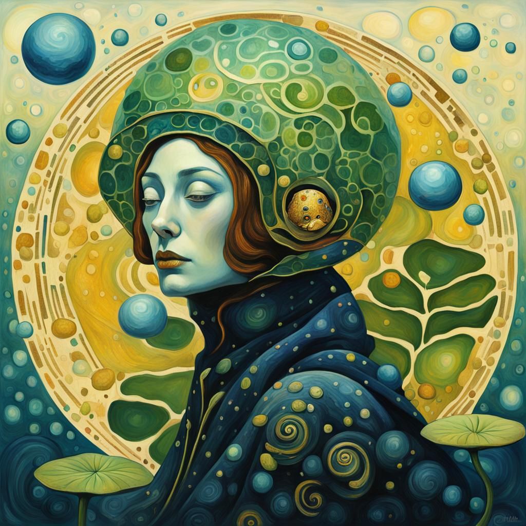 Lily pads in the style of Gustav Klimt, drifting in outer sp...