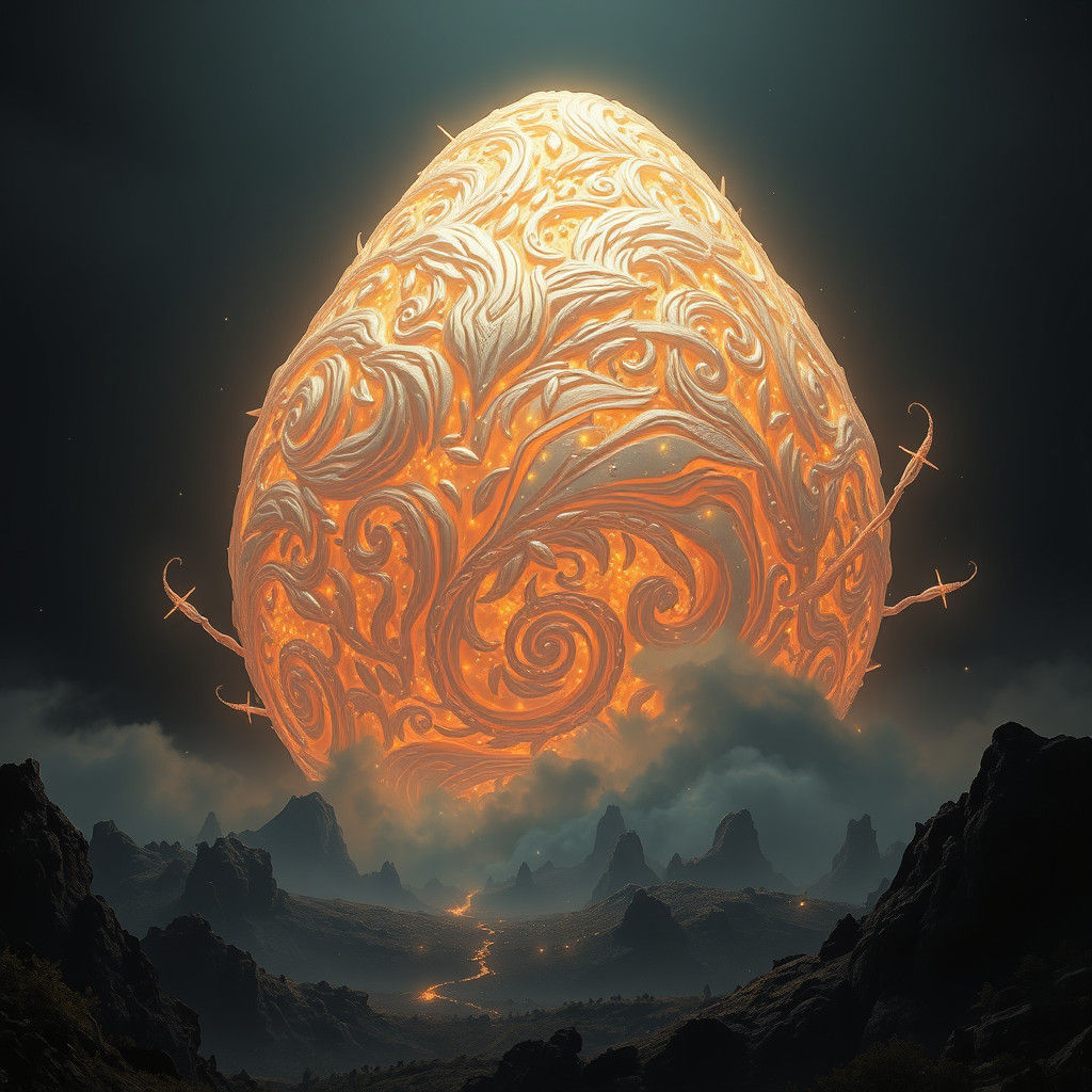 Giant Iridescent Rice Grain in Dreamlike Landscape