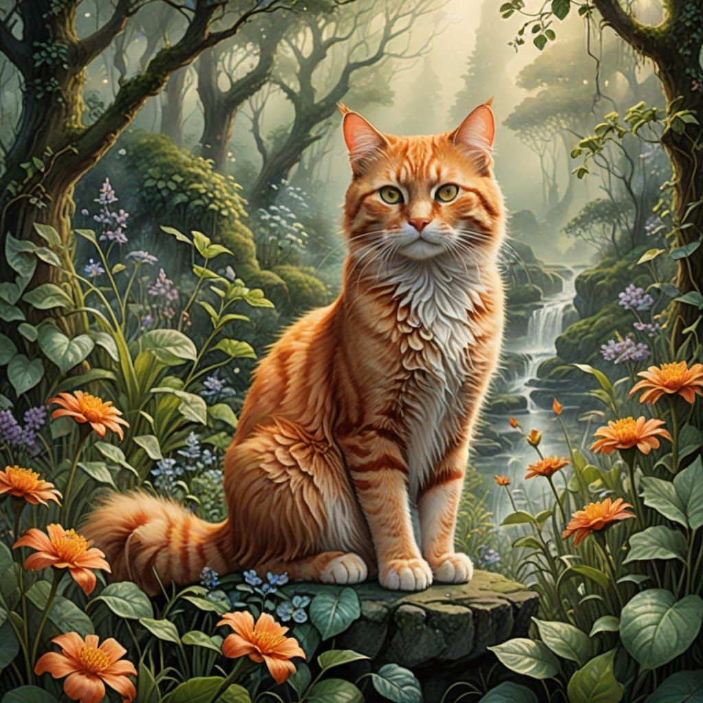 Whimsical Orange Cat in Enchanted Mist