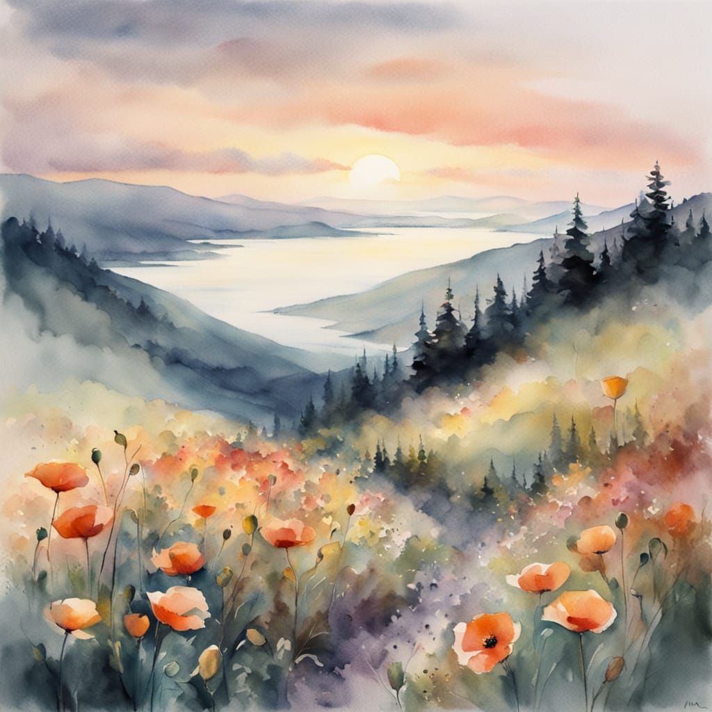 Himalayan Cliff at Sunset with Poppies in Watercolor Style