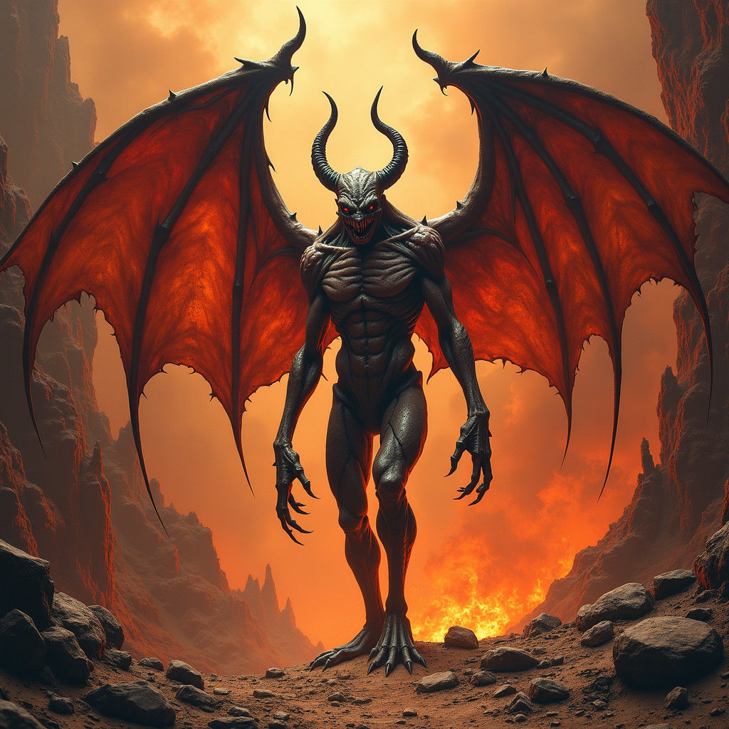 Demons with Bat Wings in Fiery Hellscape