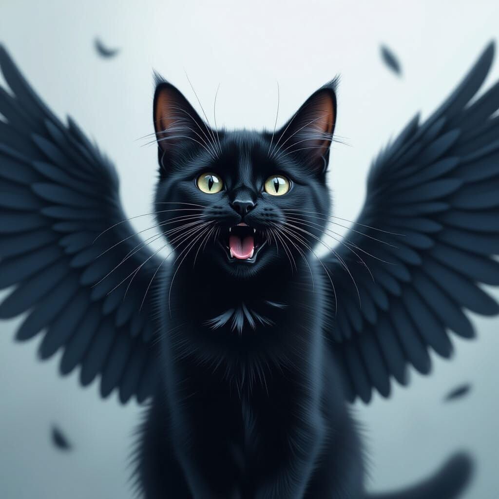 Winged Black Cat in Mystical Realism Style