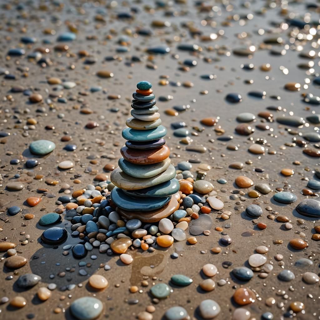 Wet Stone Tower on Beach, Macro View