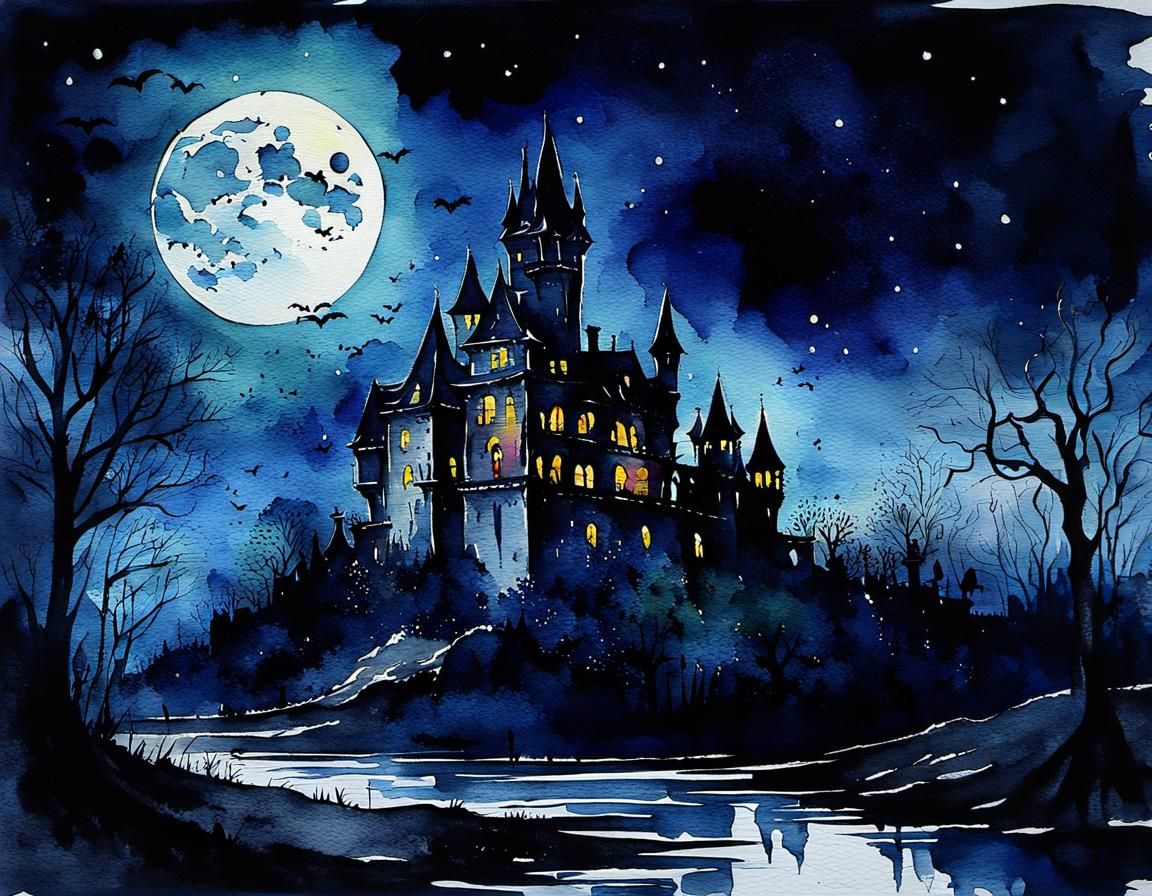 Creepy Vampire Castle in Moonlight Watercolor