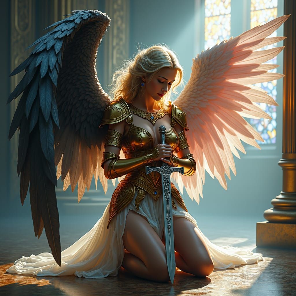 Warrior Angel Kneeling in Reverence