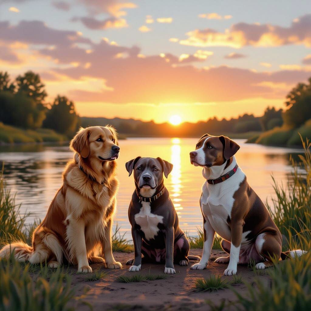 Three Dogs by River at Sunset - Realistic Digital Art