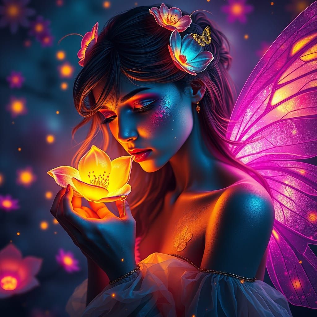 Ethereal Goddess Sipping Nectar from Glowing Blossom in Dark...