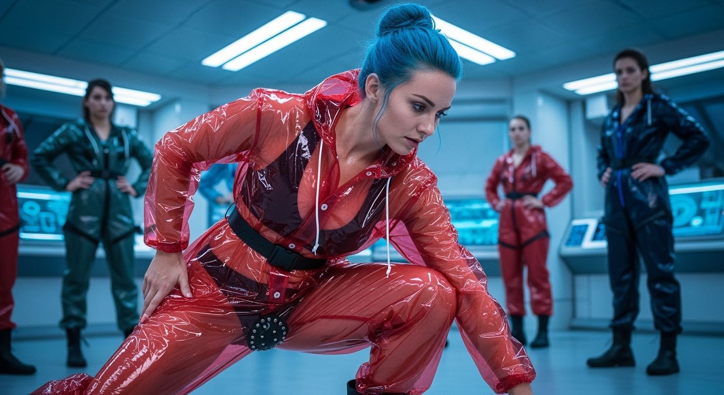 Woman in Futuristic Space Center in Red PVC Suit