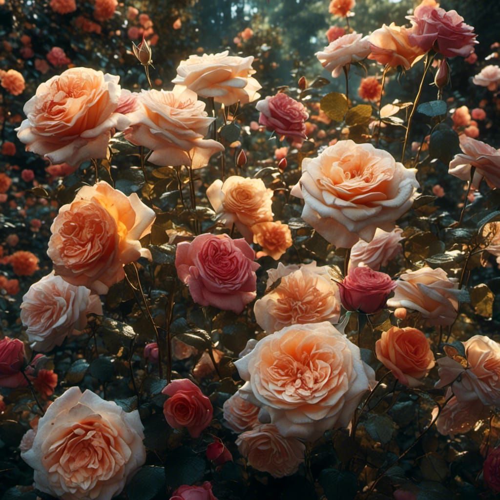 Lush Rose Garden in Romantic Lighting