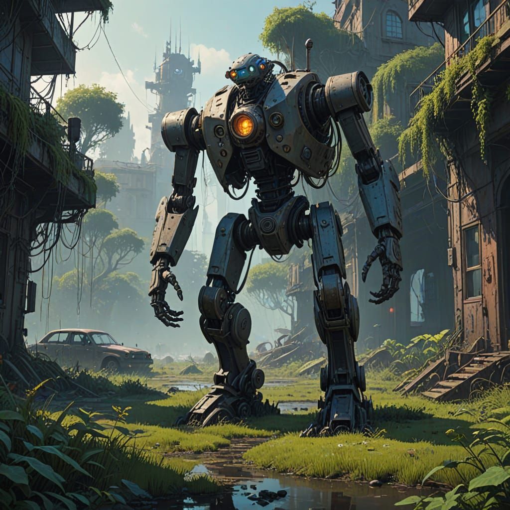 Ancient Robot Overgrown in Forgotten Steampunk City