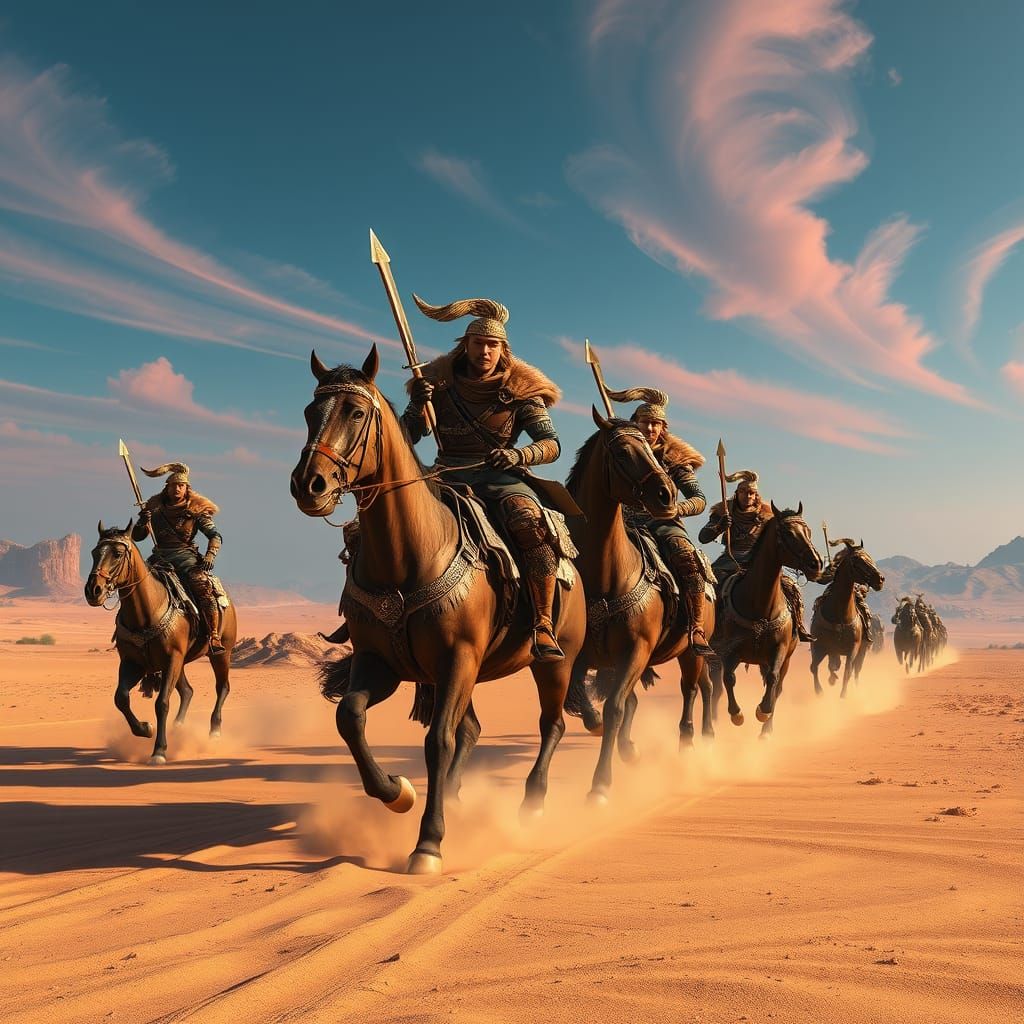 Gorean Warriors Ride Majestic Kaiila Across Arid Desert Land...