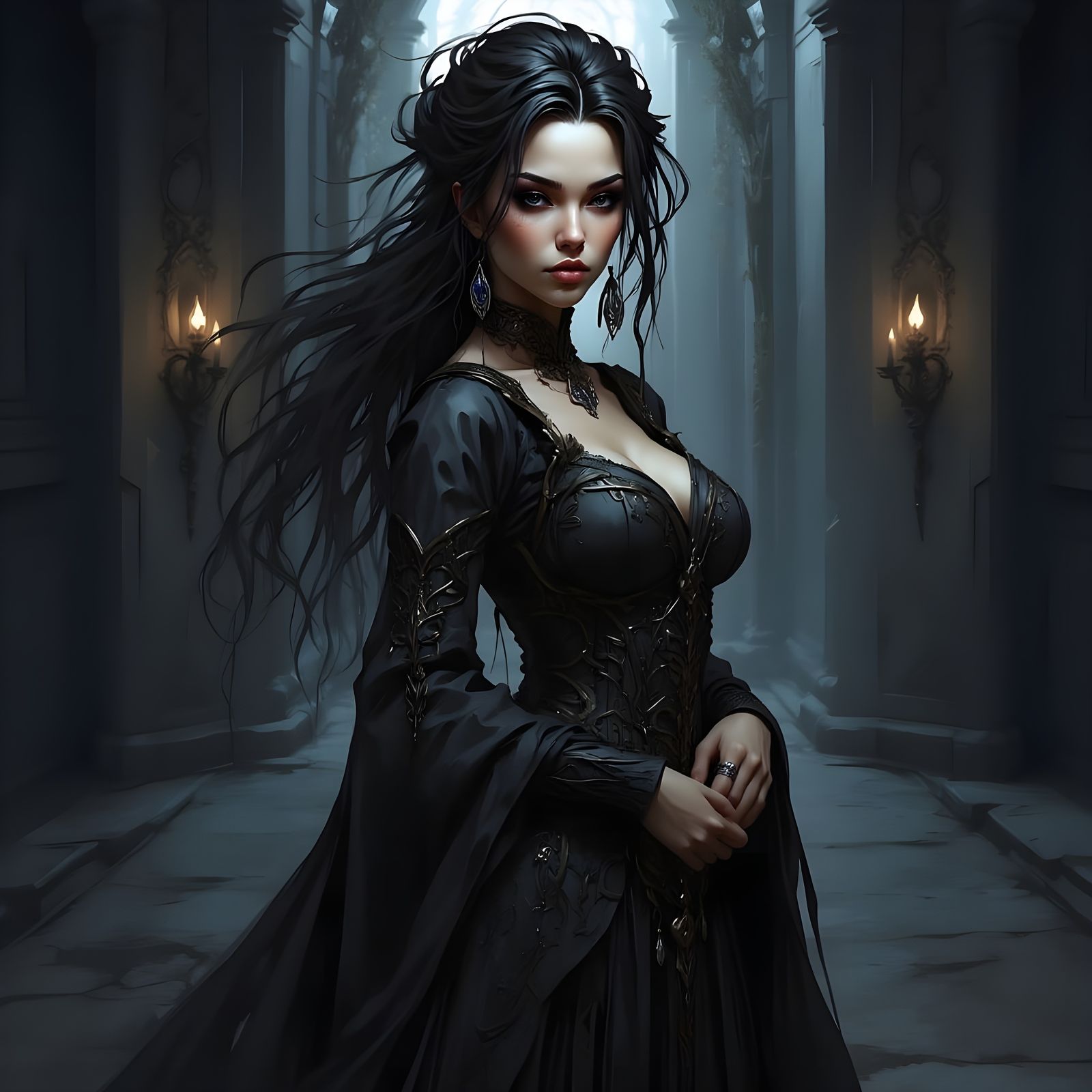 Attractive Woman with Black Hair in Medieval Clothing