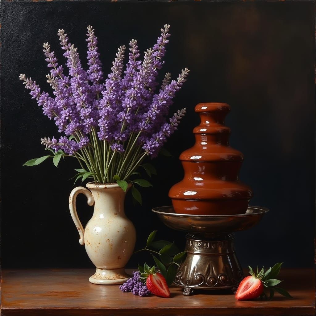 Lavender Flowers Beside Chocolate Fountain in Golden Light
