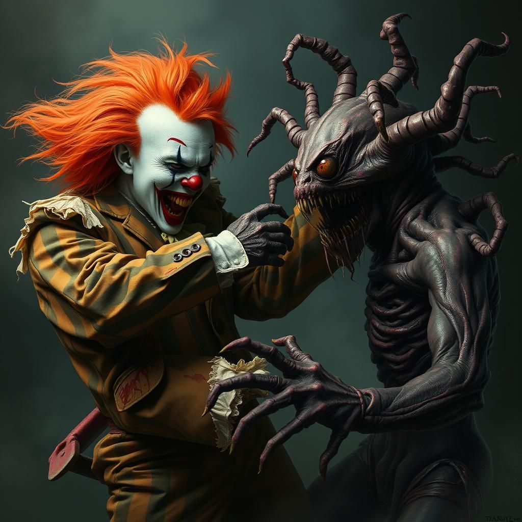 Killer Clown Battles Grotesque Figure in Eerie Landscape