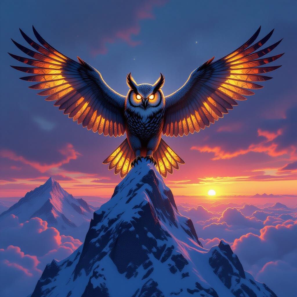 Colossal Owl with Stained Glass Feathers at Sunset