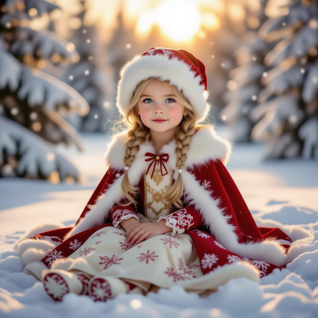 Girl in Red and Gold Gown in Magical Winter Sunset