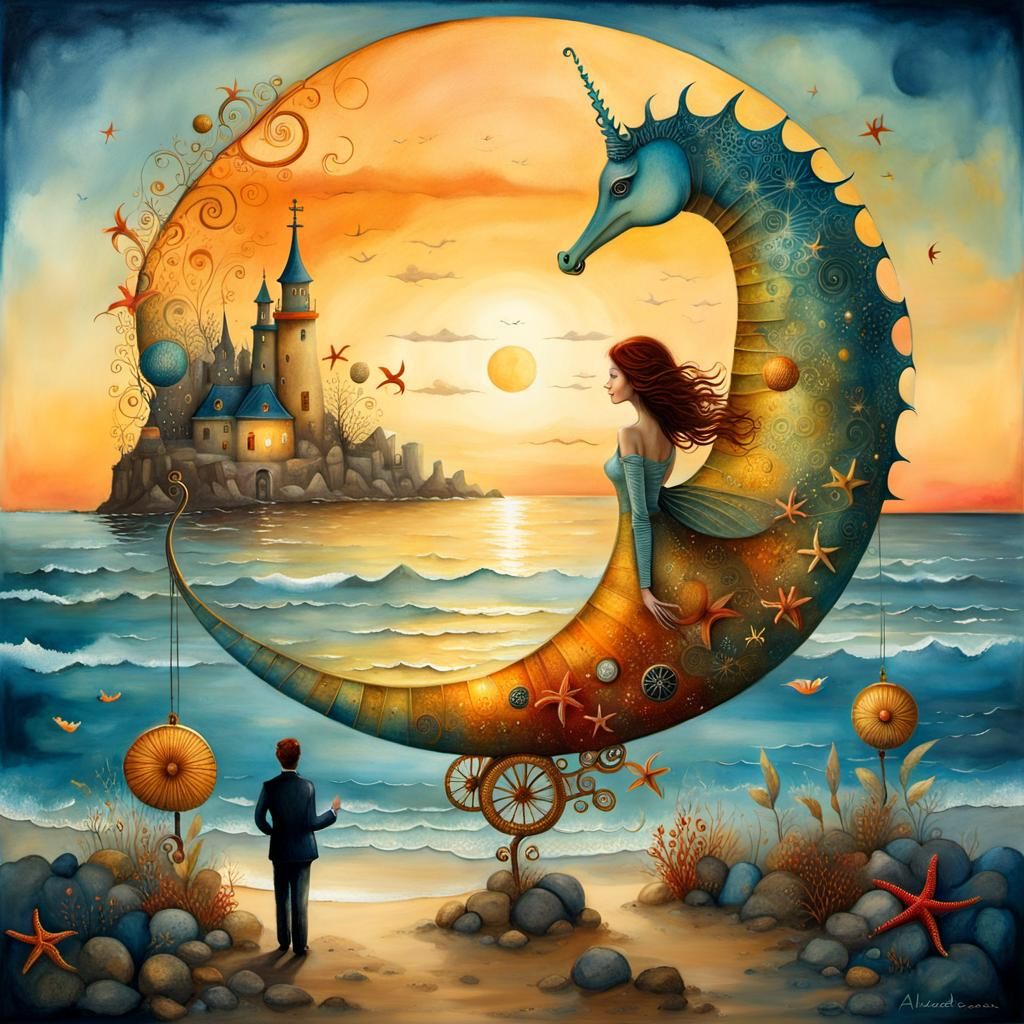 Seaside Dream: Surreal Watercolor Painting at Sunset