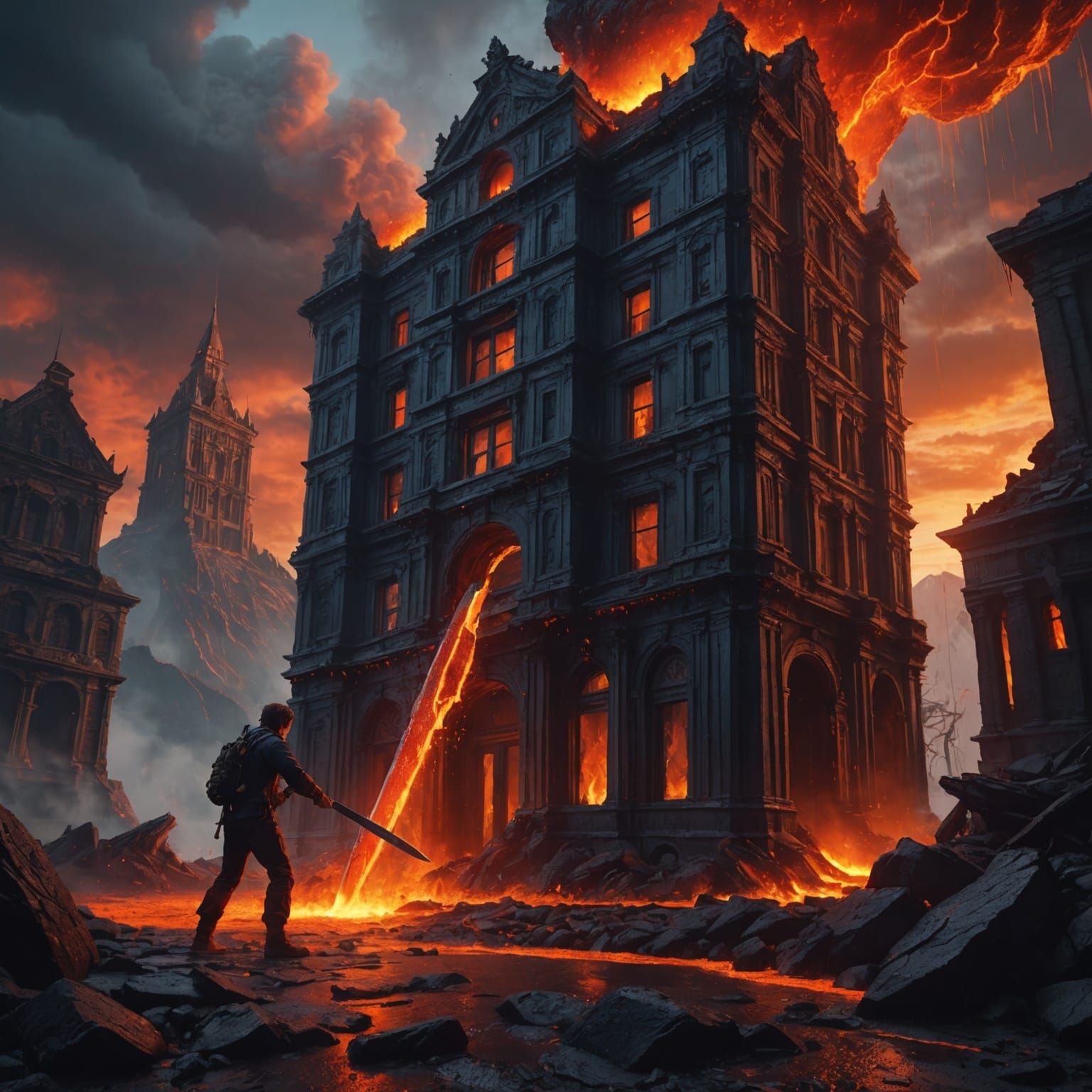 Lava Building Scene with Young Figure: Fantasy Art