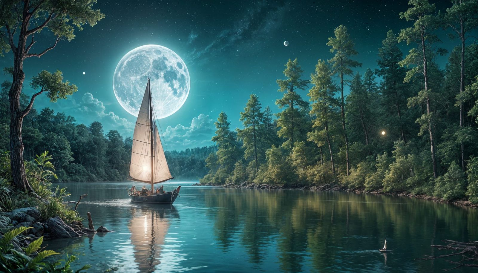 Night River Forest with Moonlit Sailboat in 8K