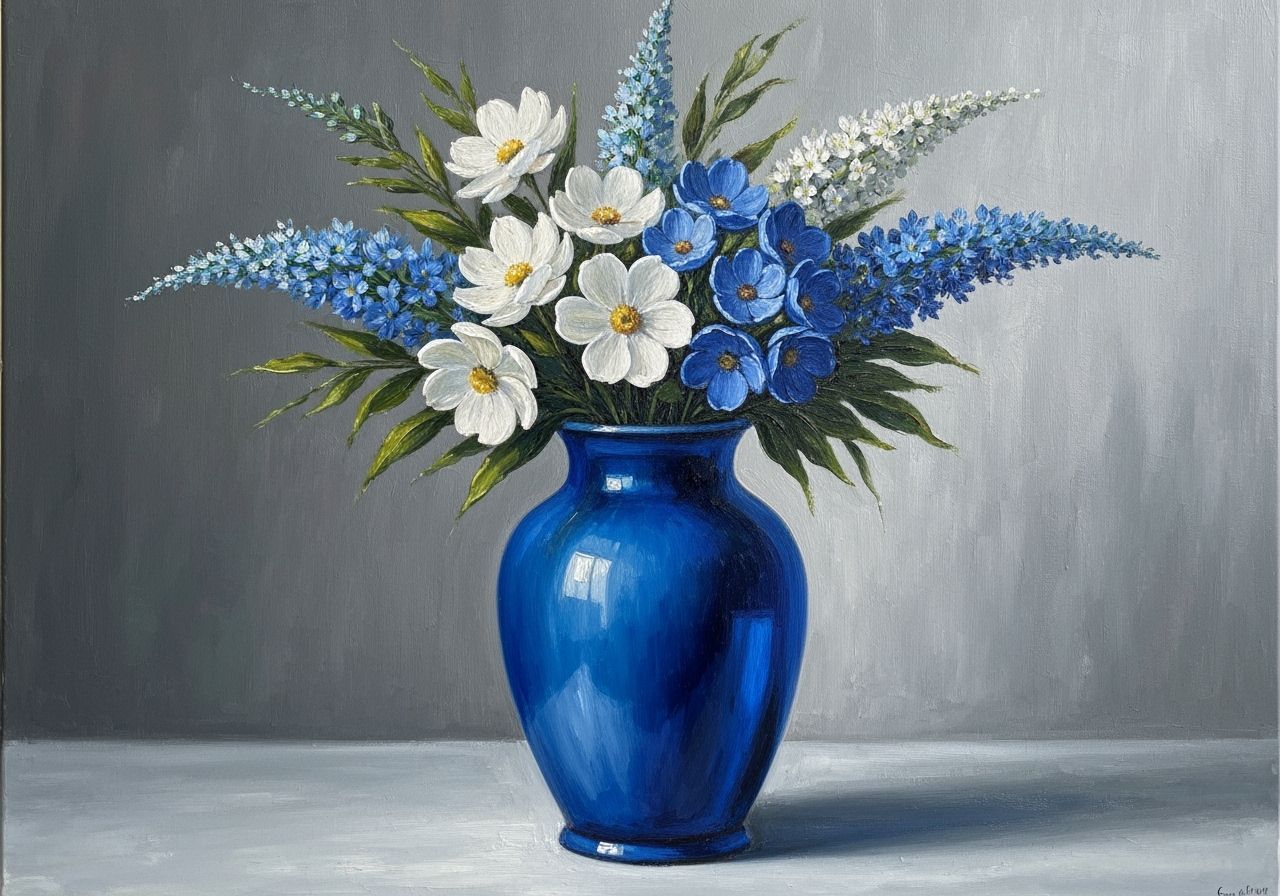 Realistic Oil Painting Of Blue Vase With White Flowers