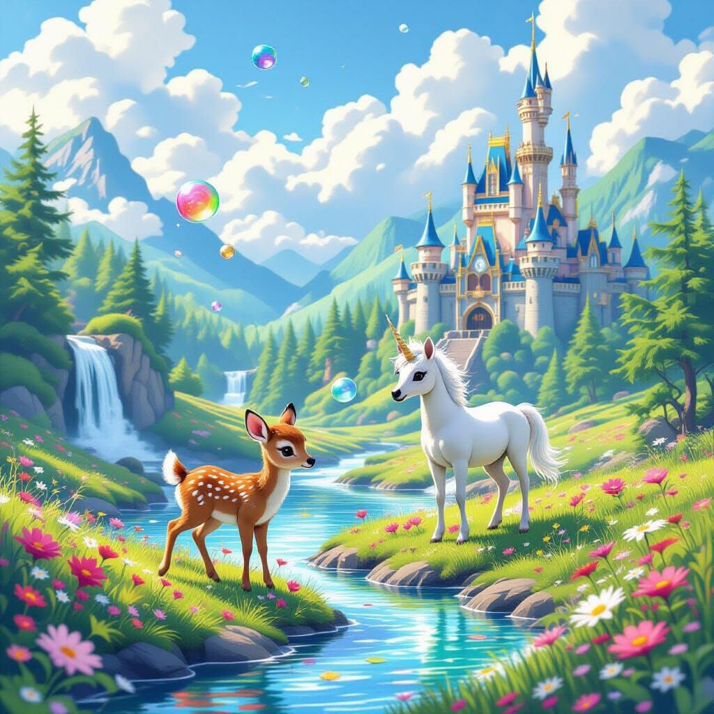 Baby Deer and Unicorns in Fantasy Landscape