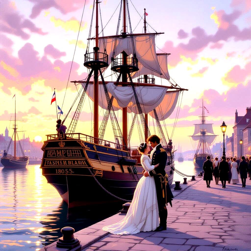 Romantic 1805 Naval Scene of Lieutenant and Regency Woman