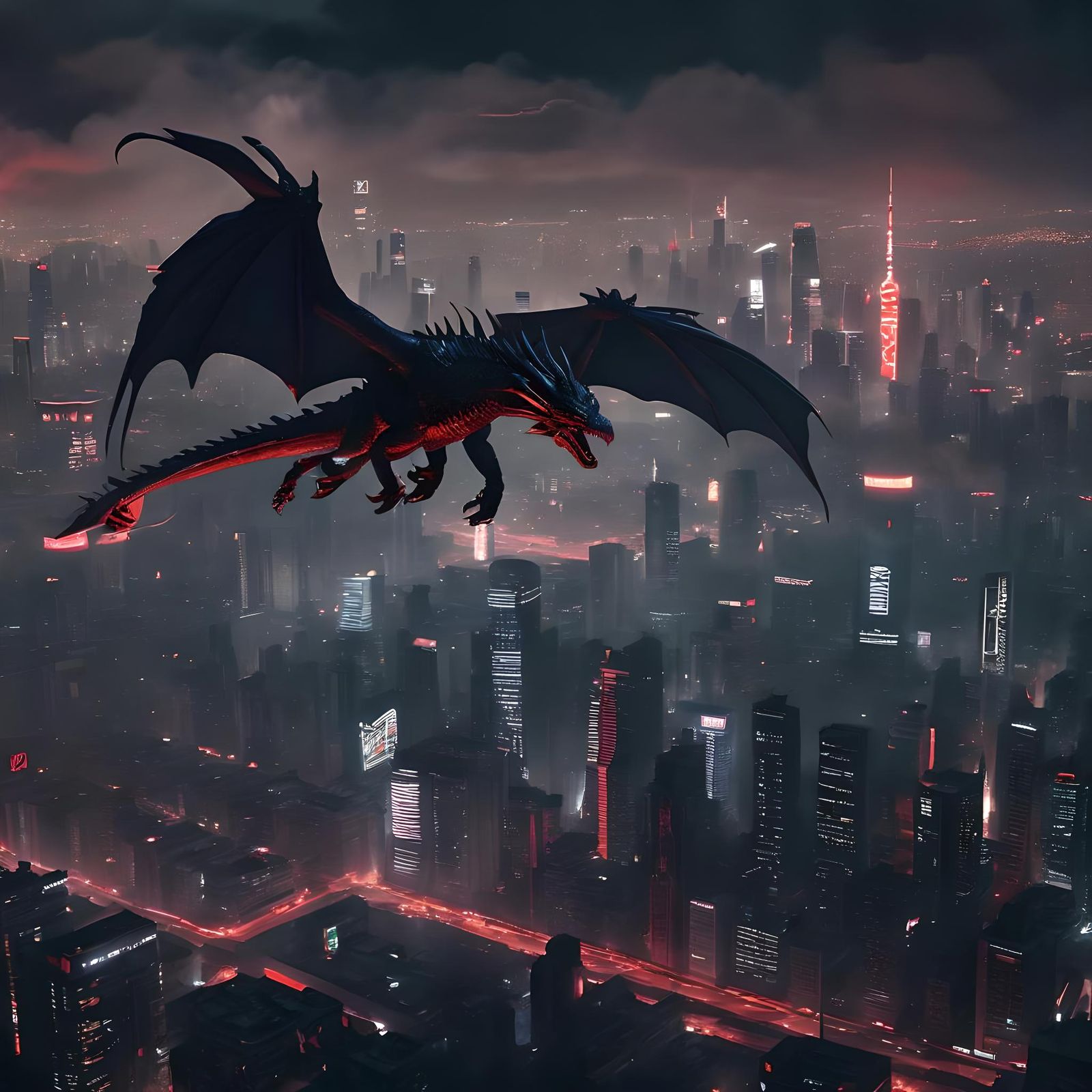 Dragons Fly Over Red-Lit Modern City