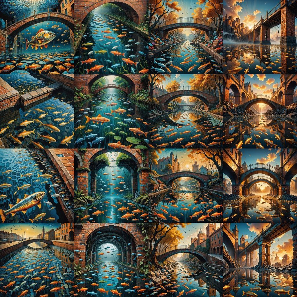 Whimsical Fish Bridge Over a River of Floating Bricks