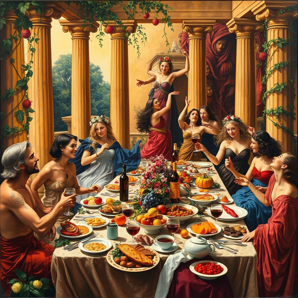 Eclectic Saturnalia Feast in Warm, Golden Light