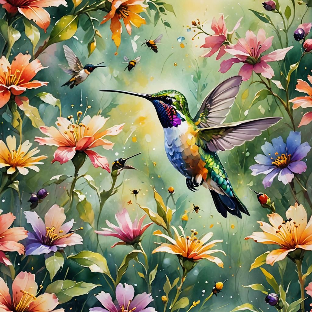 Hummingbird and Flowers in Impressionist Style