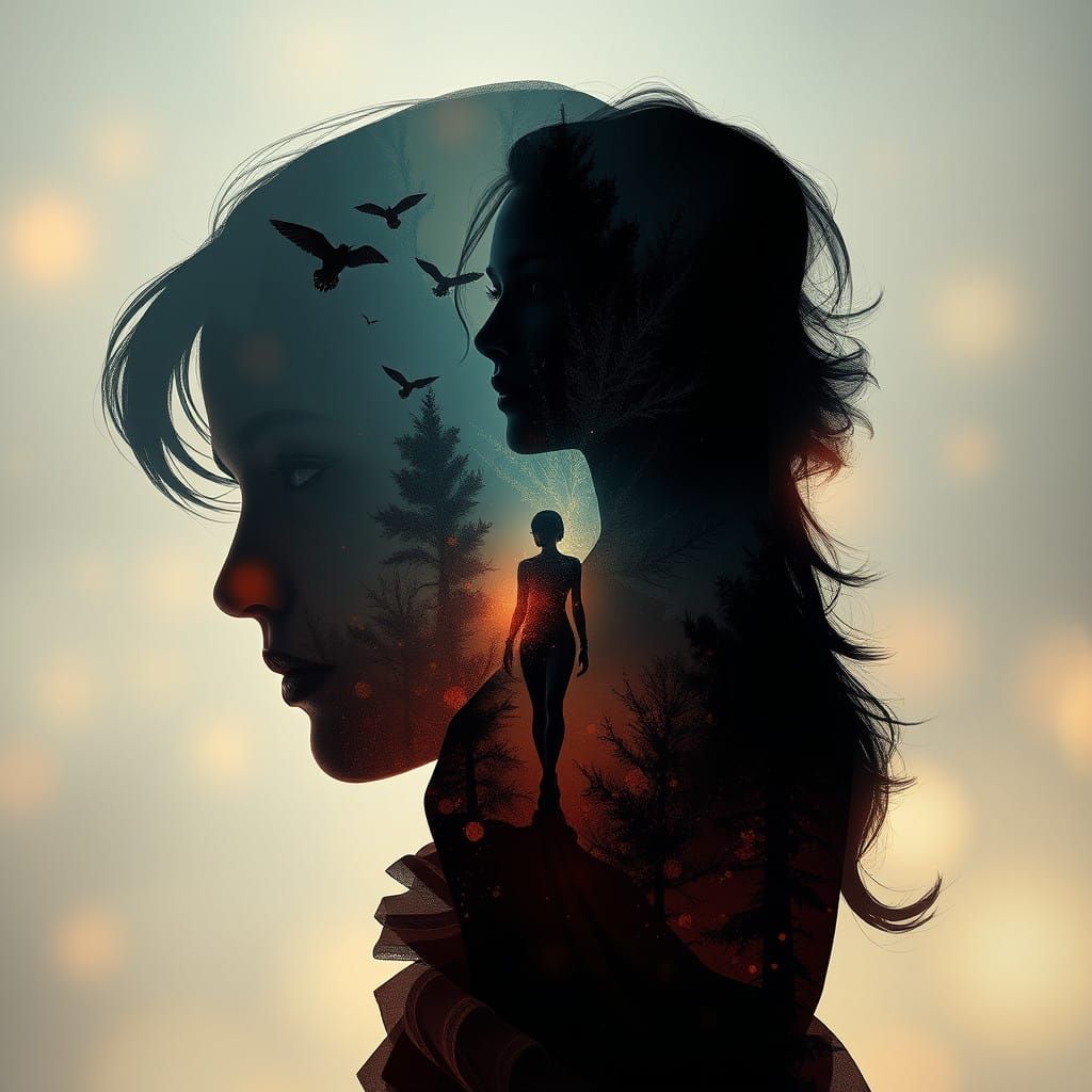 Double Exposure Masterpiece with Silhouette Woman