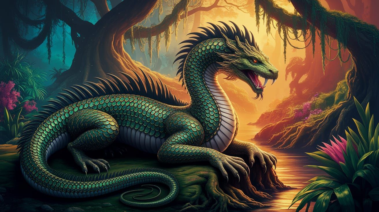 Golden Green Basilisk on Tiger in Lush Jungle