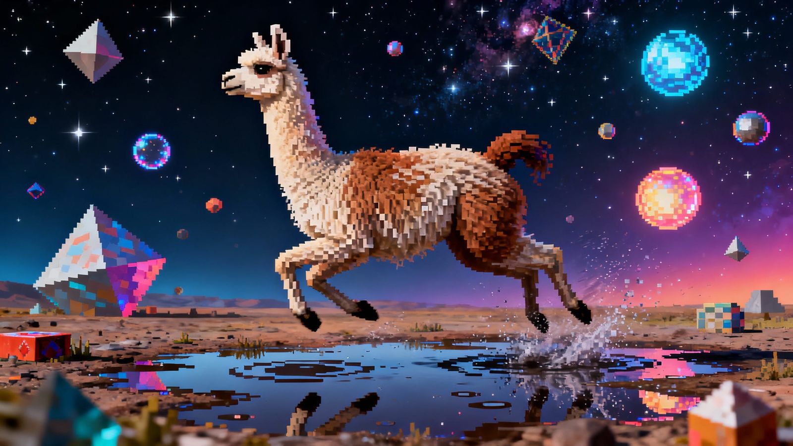 Pixelated Llama Jumps in Puddles Amidst Outer Space Objects
