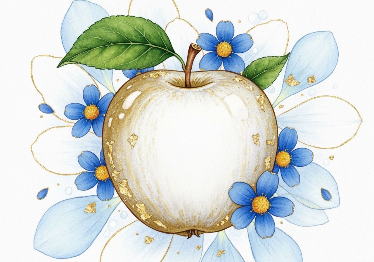 Watercolor Apple with Gold Leaf and Blue Flowers