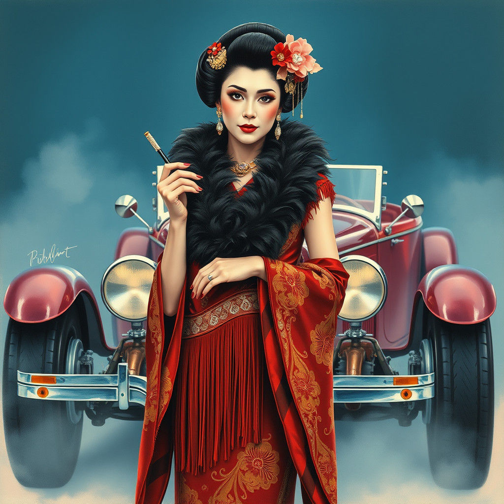 Surreal Geisha in 1920s Flapper Dress with Roadster