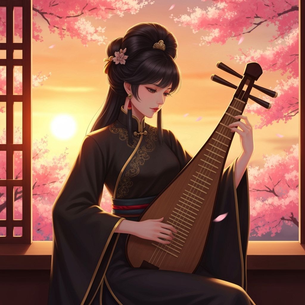 Elegant Woman in Tang Dynasty Attire Plays Lute at Sunset