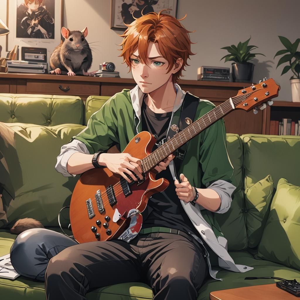 Anime-Style Teen with Guitar and Rat Companion