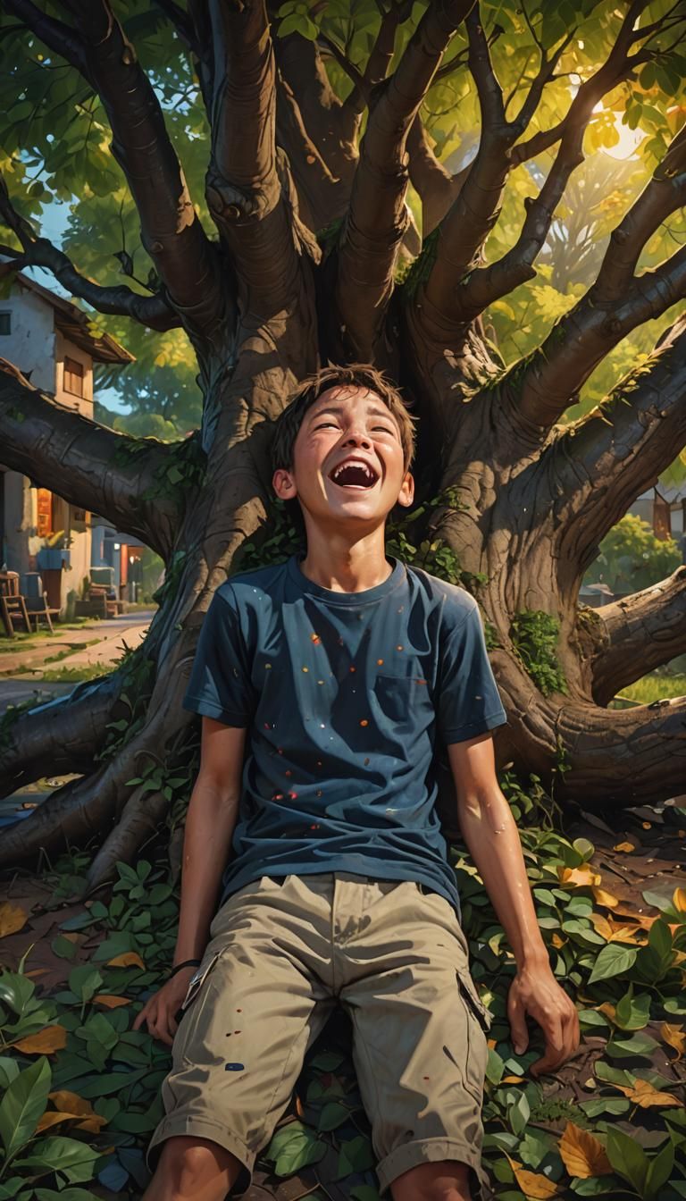 Night Village Scene: Boy Shouting Under Tree