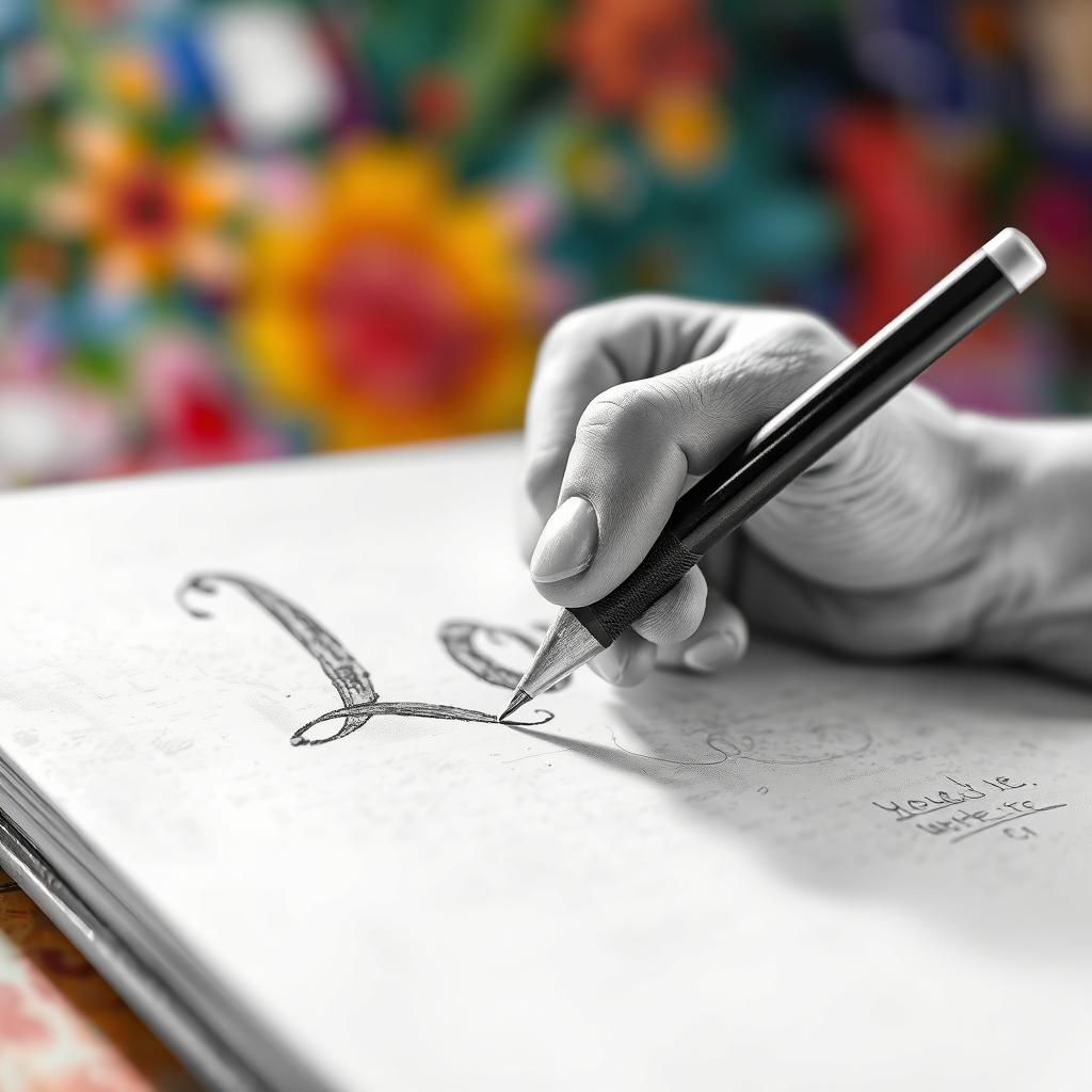 Detailed Pencil Sketch: Hand Writing 'LOVE' Calligraphy