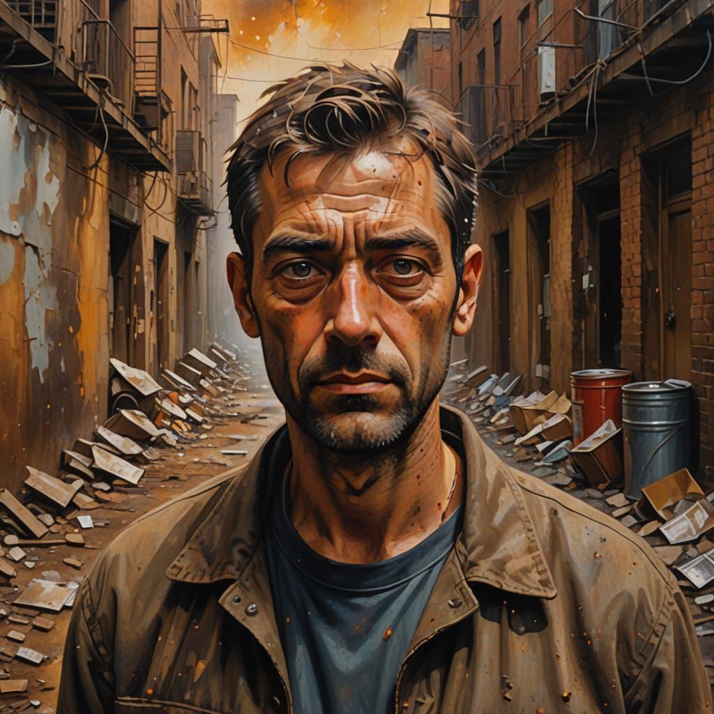 Distressed Man in Alleyway as Expressionist Oil Painting