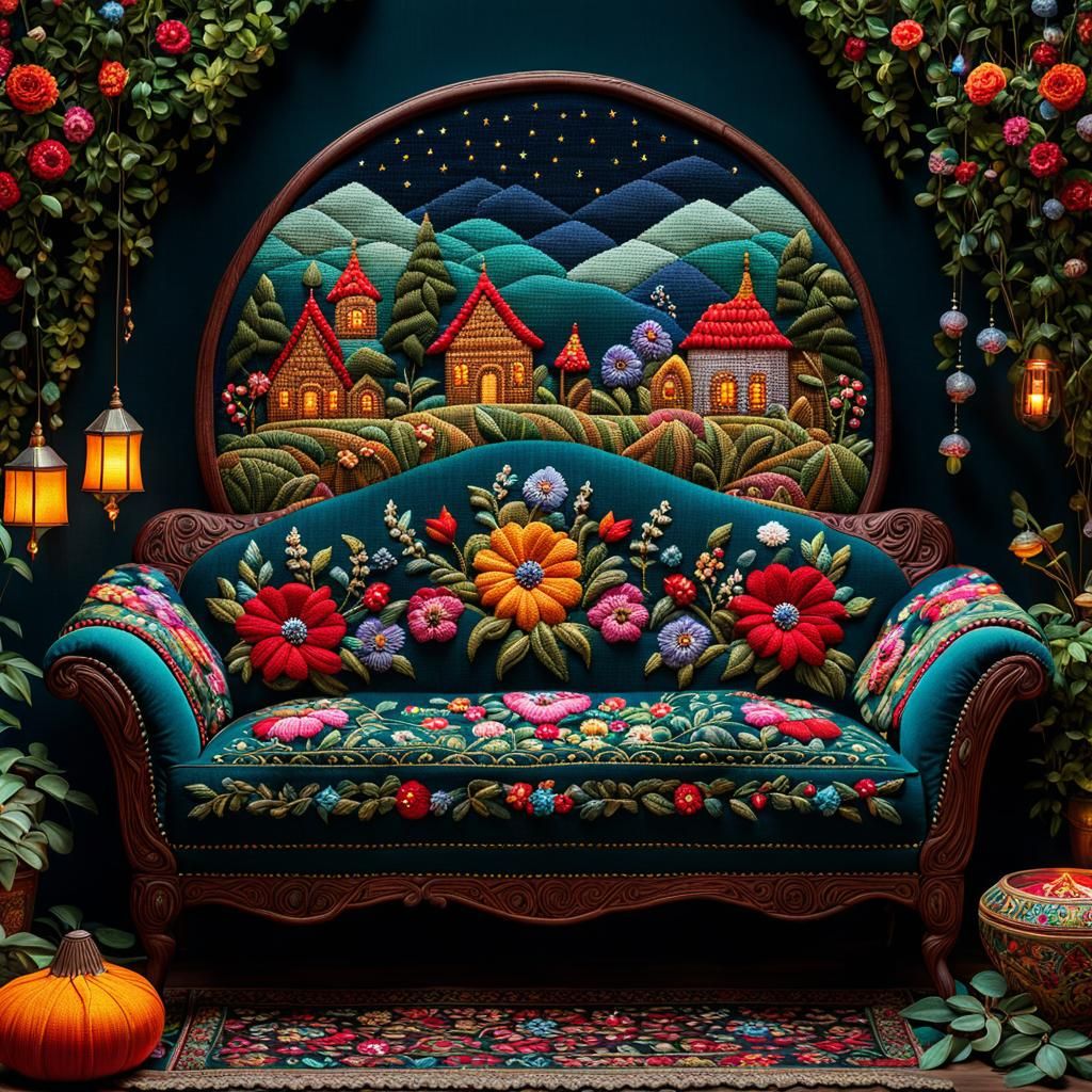 Folk Art Embroidered Sofa in Cozy Room