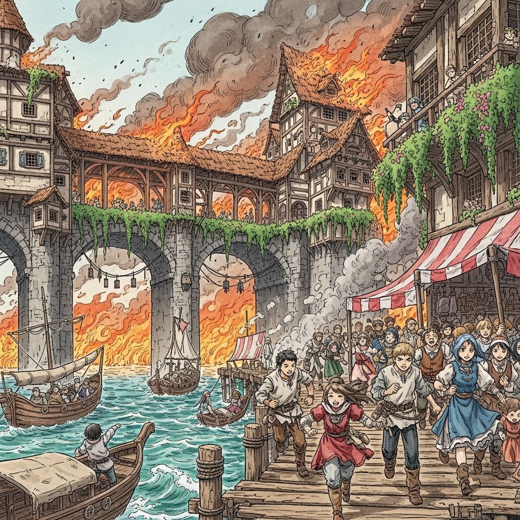 Town on Bridge Over Lake Under Attack