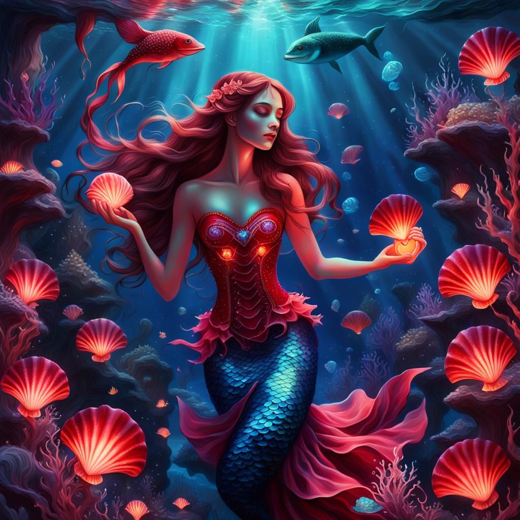 Enchanting Mermaid in Crimson Dress, Surreal Underwater Scen...