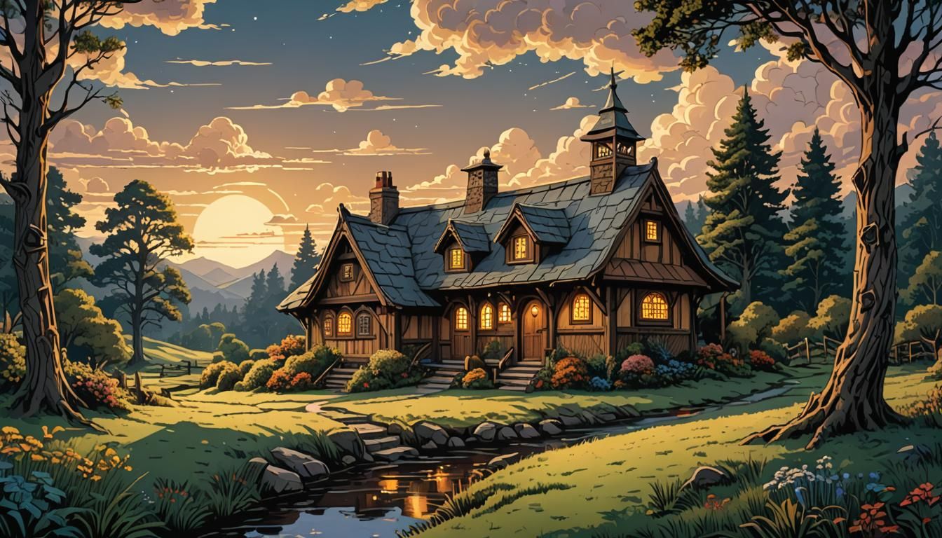 Festive Hobbit Home at Nightfall in Pixel Art Style
