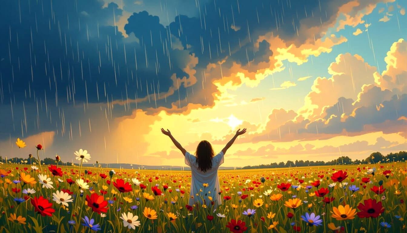 Surreal Figure in Glowing Stained Glass Garden